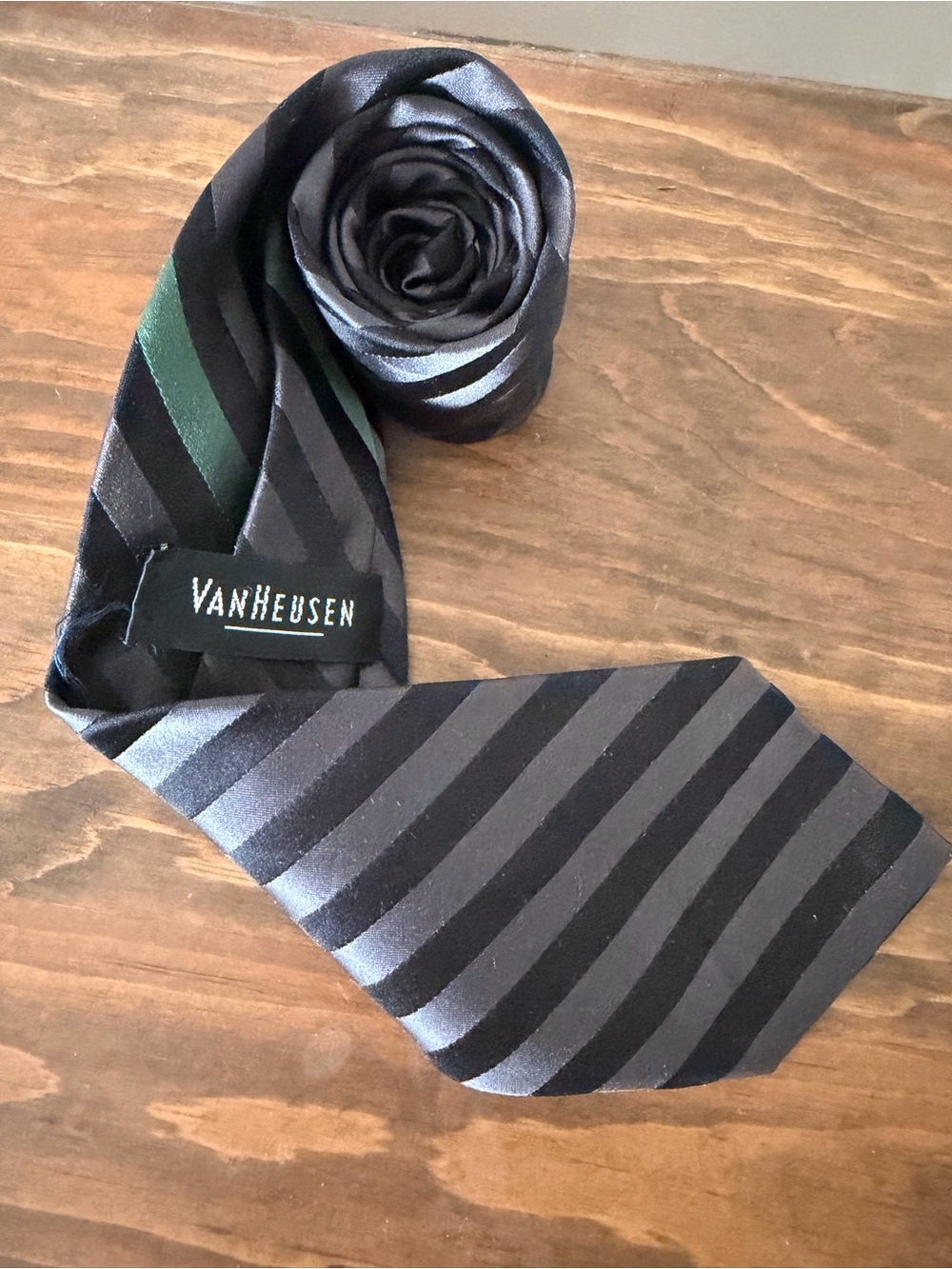 Van Heusen Black and‎ Gray Striped Silk Tie with Green Accent